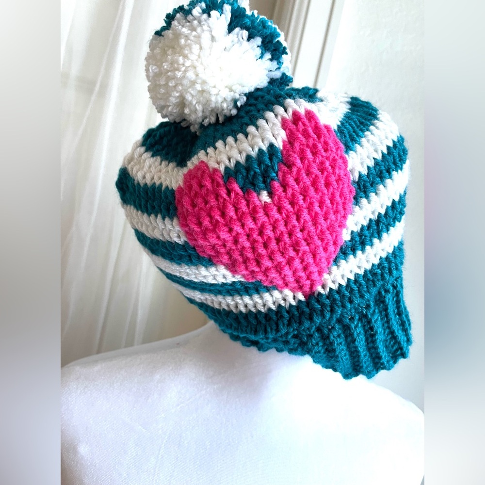 Handmade Crochet Teal and White Heart Beanie